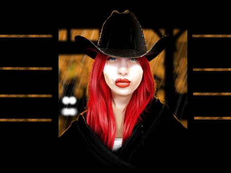 Cowgirl In The Barn - women, female, hats, 3D, redheads, barns, girls, cowgirl, ranch, art, westerns