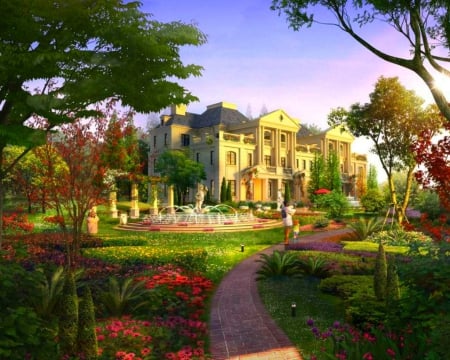 French Villa - villa, trees, architecture, garden