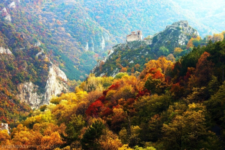 Kings Assen Fortress, Bulgaria - building, landscape, trees, leaves, mountains, colors