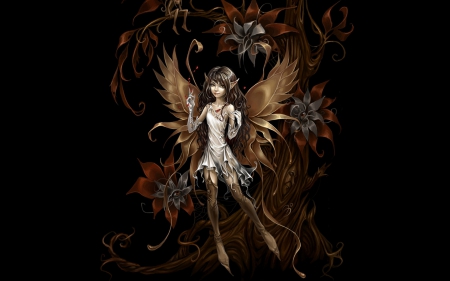 Fairy - black, fantasy, Tiecheng Liu, autumn, wings, girl, cute, fairy