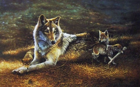 Wolf Mom - wildlife, predator, family, pups, resting