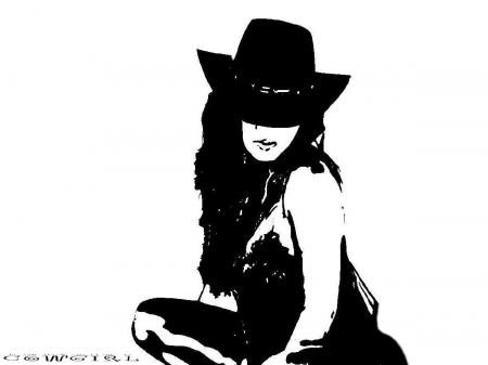 Cowgirl In B&W - women, fun, female, hats, girls, cowgirls, style, drawing, art, westerns