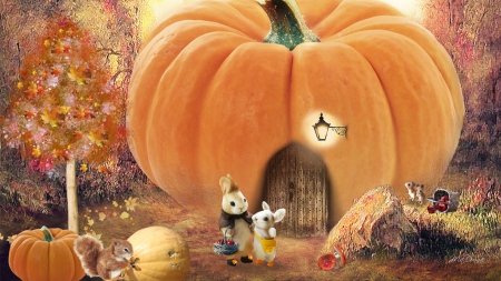 Harvest Pumpkin House - trees, rabbits, harvest, pumpkin, fall, fantasy, autumn, bunnies, fairy tale, mice, story book, squirrel