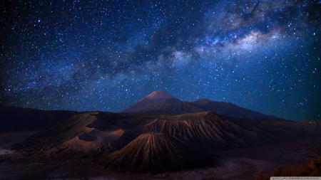 Mount Bromo under Starry Sky - blue, photography, night, mount bromo under starry sky, stars, sky