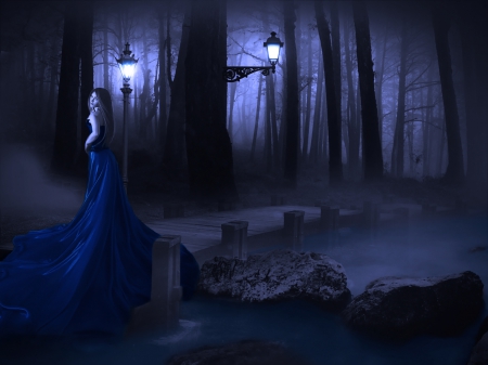 I do not fear the night... - blue, dress, night, forest, dark, mist, lake, two colors, brunette, lamps, water, fog, girl, darkness, grey, lights, shadows, bridge