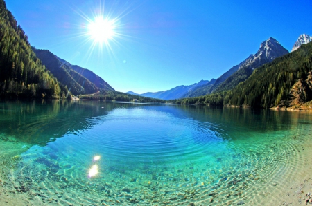 Lake Anterselva, South Tyrol - calm, summer, beautiful, blue sky, forest, crystal clear water, Italy, lake, mountains, sun