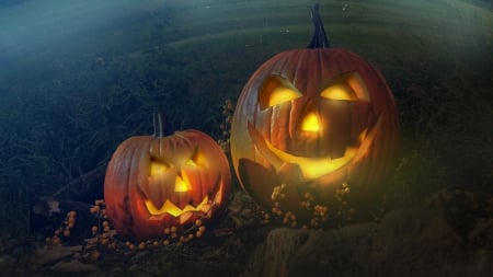 Double Trouble - jack o lanterns, pair, halloween, pumpkins