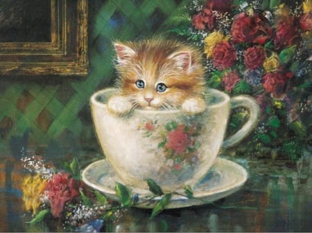 Afternoon Tea - afternoon, kitty, flowers, cat, painting, cup, time, sitting