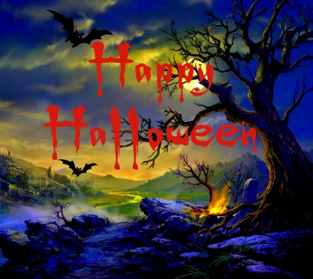 Happy Halloween - clouds, abstract, moon, beautiful, death tree, beauty, night, valley, light, bats, fantasy, halloween, field, sky