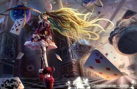 Wonderland - magic, anime girl, world is mine, wonderland, hatsune miku, blue eyes, long hair, wallpaper, vocaloids, beautiful, vocaloid, sweet, cards, dress, nice, realistic, beauty, female, twintail, fantasy, pretty, anime, miku, twin tail, girl, twintails, red shoes, lovely, cg, blue hair, hatsune, hd, twin tails, green hair