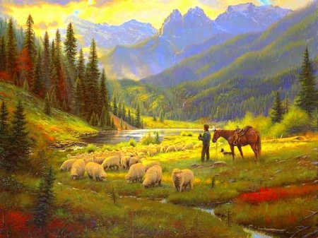 â˜…He Leadeth Meâ˜… - autumn, trees, people, animals, mountains, creative pre-made, horses, paintings, shepherd, landscapes, attractions in dreams, fields, stunning, nature, love four seasons, panoramic view, beautiful, leaves, scenery, sheeps, colors, fall season