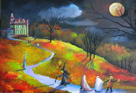 Halloween Night - fall, treat or tricking, halloween, kids, art