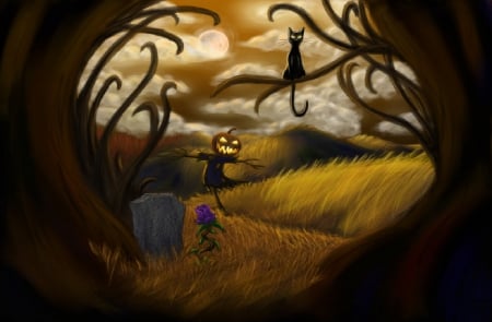 The Grave - scarecrow, black cat, tombstone, grave, rose