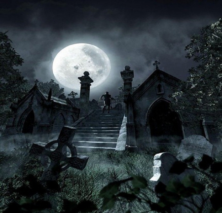 The Graveyard At Night - Crypts, moon, figure, halloween, tombstones