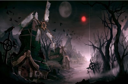 Spooky Town - moon, red star, crows, houses