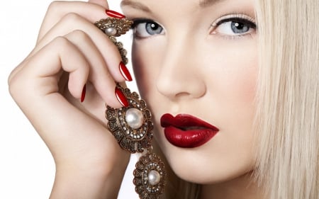 Beauty - face, red, make-up, model, blonde, jewel, girl, woman