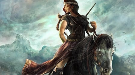 woman warrior - woman, horse, armour, warrior