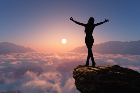 On Top Of The World - women, clouds, ledge, rock, arms out, sunset, serenity, mountains, sky