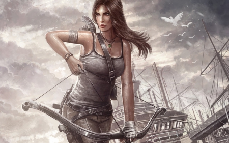 Lara Croft - game, fantasy, archer, woman, ship, girl, tomb raider, Lara Croft