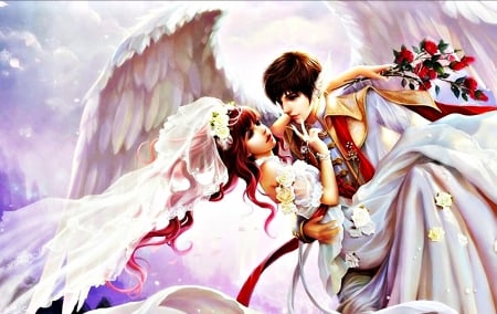 Fantasy couple - woman, girl, angel, wings, asian, fantasy, white, art, birde, man, pink, red, feather, flower