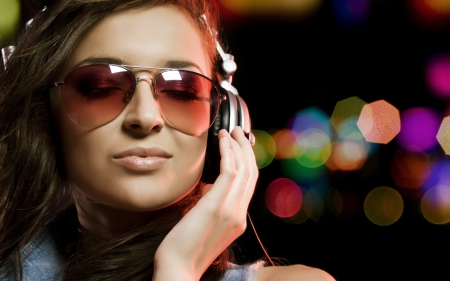 Magical music - woman, bokeh, girl, headphones, red, music, sunglasses, black