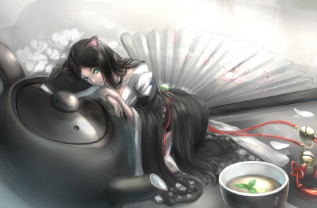 Cup of Tea - pretty, anime, kitsune, female, ears, lying, teapot, long hair, japan, giant, oriental, hd, nice, anime girl, laying, beautiful, girl, fan, beauty, tea, kimono, lovely, sweet, petals, yukata, cg, big, black hair, lay, hige, cup, japanese