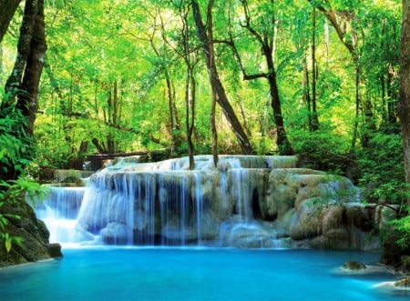 Erawan Waterfall, Thailand - river, trees, water, forest, rocks