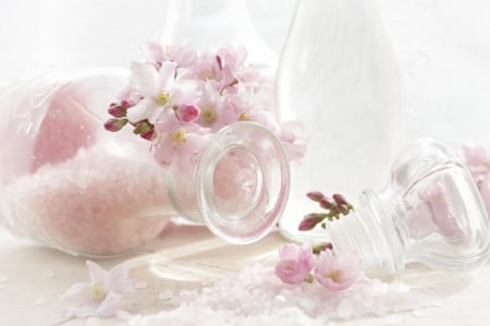 Jars of pink salt - pink, inflorescence, flowers, salt, macro, jars