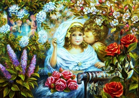 Flower Princess - blossoms, roses, flowers, artwork, girl, boy