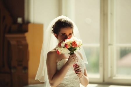 Bride with bouquet - beauty, wedding day, bride, bouquet