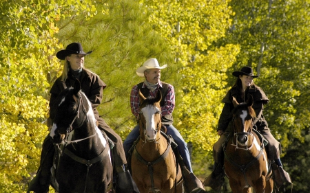 Ridin' The Ranch - women, fun, trees, female, men, cowboys, girls, cowgirls, outdoors, horses, ranch, westerns