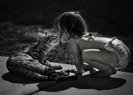 Farewell Kiss - cute kid, cat, photography, farewell kiss, sweet, black and white