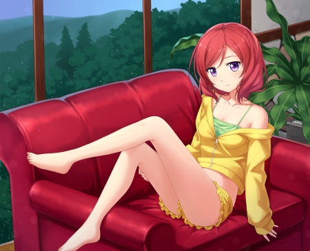 Nishikino Maki - nice, beauty, redhead, female, hot, sofa, anime girl, couch, pretty, yellow, anime, blouse, maiden, lady, sexy, girl, long hair, red hair, lovely, cg, hd, red, beautiful, sweet