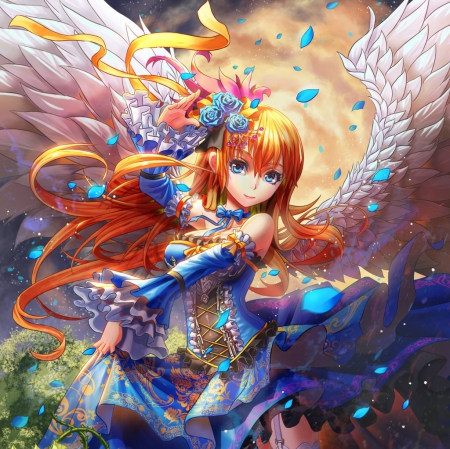 Blue Rose Angel - angel, wings, anime girl, blond hair, blonde hair, petals, feather, long hair, blue rose, floral, beautiful, sweet, dress, nice, realistic, beauty, female, blond, rose, fantasy, angelic, gorgeous, pretty, anime, girl, gown, lovely, cg, hd, wing, sublime, blossom, awesome, blonde, flower