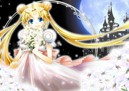 Princess Serenity - i, princess serenity, princess, bouquet, anime girl, blond hair, blonde hair, petals, tsukino usagi, adorable, long hair, usagi tsukino, divine, floral, beautiful, sweet, happy, dress, beauty, nice, female, smiling, usagi, twintail, blond, angelic, gorgeous, tsukino, pretty, anime, amour, cute, twin tail, girl, twintails, etty, gown, lovely, cg, serenity, sailor moon, hd, kawaii, twin tails, sublime, sailormoon, smile, adore, flower, blonde