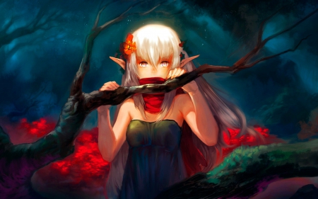 Innocent Elf - mouth, tree branch, elf, covered, female, innocent, fantasy