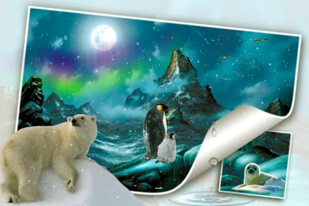 arctic life - aurora borealis, bears, animals, penguin, nature, life, frost, blue, snow, seal, antarctic, arctic