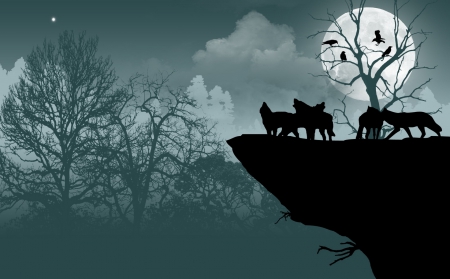 Wolf Pack - wolves, moon, trees, cliff, crows