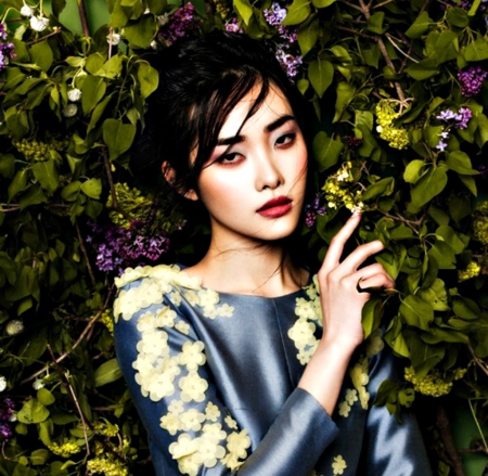 Kwak Ji Young - flower, purple, model, girl, blue, kwak ji young, asian, woman, green