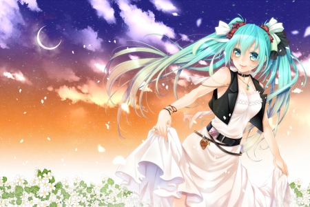 White Dress - gowbn, anime girl, white, petals, garden, hatsune miku, adorable, long hair, divine, vocaloids, floral, vocaloid, beautiful, sweet, dress, happy, beauty, nice, sky, female, smiling, twintail, miku hatsune, gorgeous, pretty, cloud, anime, miku, cute, twin tail, scene, moon, girl, twintails, lovely, cg, hd, hatsune, kawaii, sublime, crescent, blossom, smile, green hair, flower