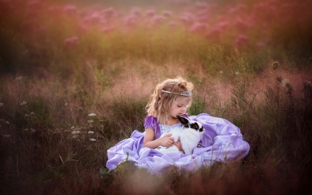 Two cuties - child, purple, animal, cute, girl, dress, rabbit, field, bunny