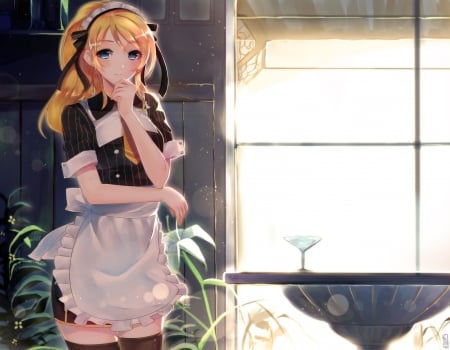 Maid Chan - pretty, anime, kawaii, female, window, dress, blonde, blond hair, light, long hair, blond, hd, nice, apron, anime girl, beautiful, girl, table, beauty, lovely, maid, sweet, cg, glow, standing, glowing, stand, cute, adorable