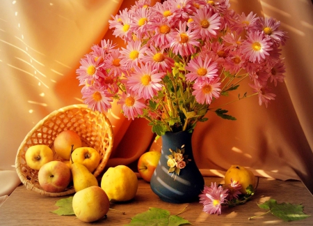 Still life - pretty, beautiful, flowers, fruits, bouquet, vase, harmony, still life, lovely, basket, autumn