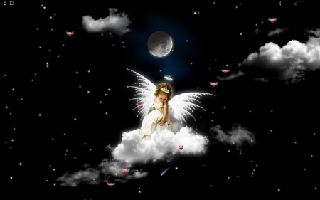 Sweet Angel in the Sky - moon, wings, artwork, cloud, girl, stars, hearts