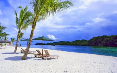 Beautiful Beach - oceans, nature, beaches, palm trees, beach chairs, mountains