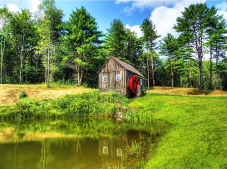 Watermill in Vermont, New England - pond, trees, clouds, creek