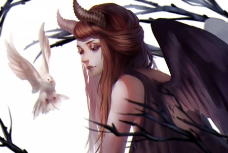 Crowned Kings - woman, beauty, female, wings, evil, black, brown hair, white, art, pretty, dark, cute, demon, lady, long hair, good, horns, bird, devil, abstract, beautiful