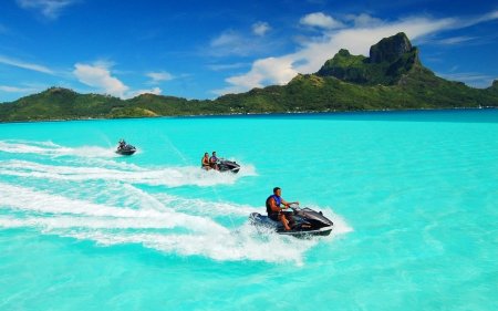 Amazing Turquoise Water of Bora Bora - oceans, nature, turquoise, mountains, jet skis