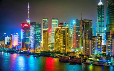 Shanghai Night Cityscape - night, skyscapers, cityscape, architecture, shanghai