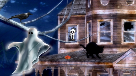 Creepy Haloween House - house, ghouls, ghost, black cat, raven, Halloween, haunted, fall, spiders